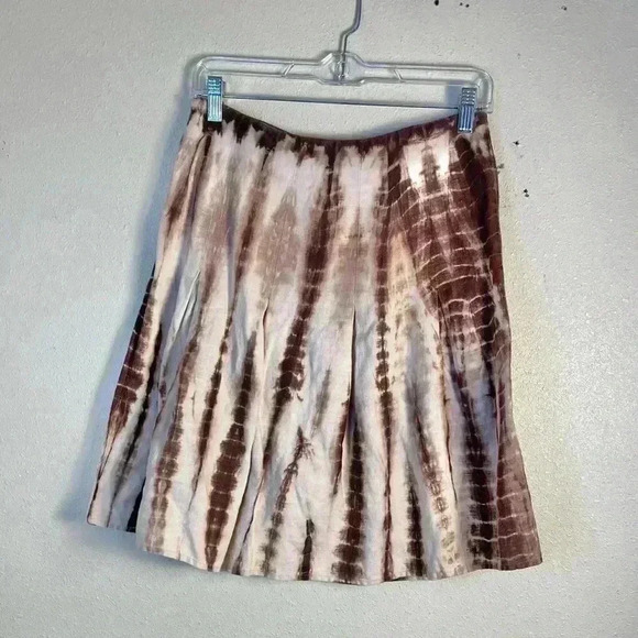 Michael Kors Womens 4 Brown Tie Dye 100% Linen Skirt Pleat Side Zip Knee Length - Picture 2 of 9